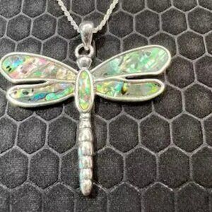 Dragonfly Necklace with Green Abalone Stones 18K White Gold Plated